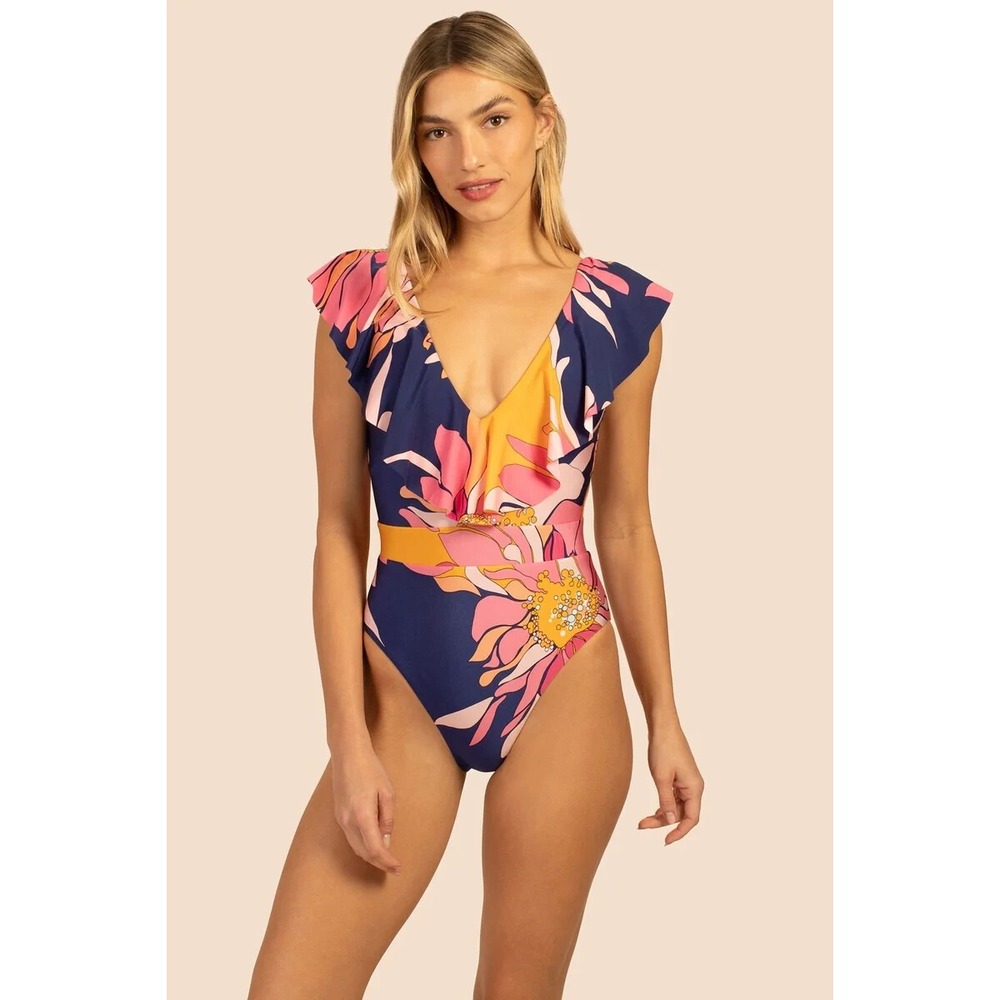 Trina Turk Breeze Ruffle Plunge Floral One Piece Swimsuit L77645 Women's Size 6